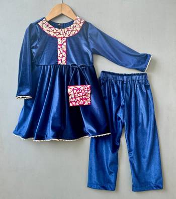 Applique embroidered velvet kurti with pants for girls 1