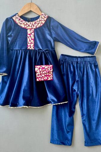 Applique embroidered velvet kurti with pants for girls