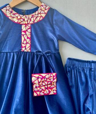 Applique embroidered velvet kurti with pants for girls 2