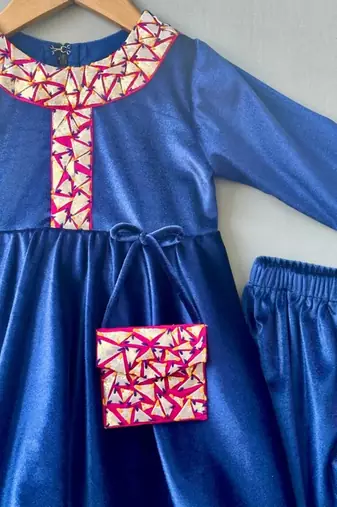Applique embroidered velvet kurti with pants for girls