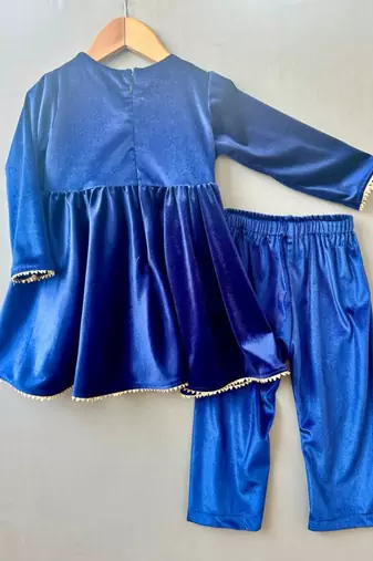 Applique embroidered velvet kurti with pants for girls