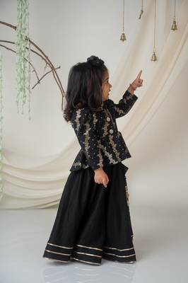 Royal black brocade peplum blouse with lehenga for girls 2