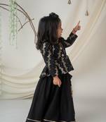 Royal black brocade peplum blouse with lehenga for girls