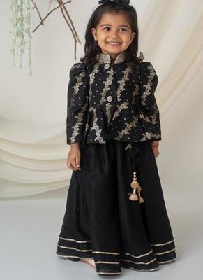Royal black brocade peplum blouse with lehenga for girls 1