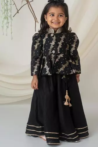 Royal black brocade peplum blouse with lehenga for girls