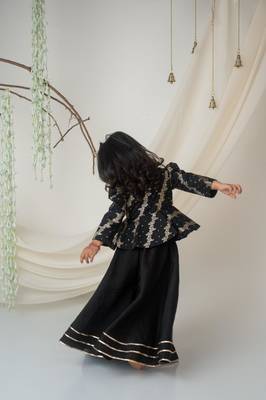 Royal black brocade peplum blouse with lehenga for girls 3