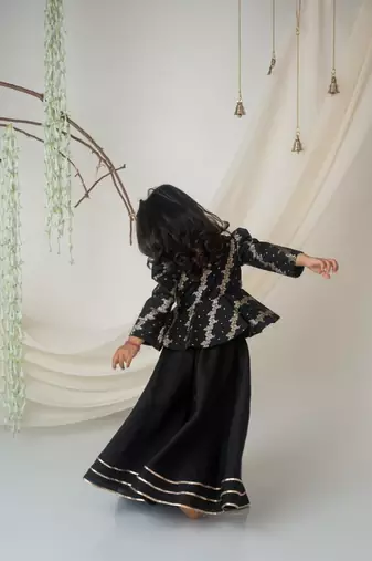 Royal black brocade peplum blouse with lehenga for girls