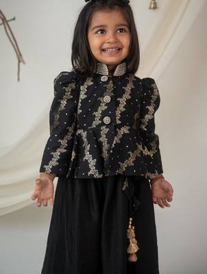 Royal black brocade peplum blouse with lehenga for girls 4