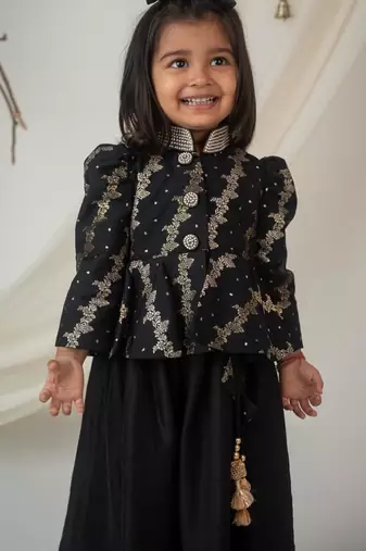 Royal black brocade peplum blouse with lehenga for girls