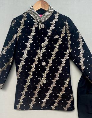 Royal black brocade sherwani with straight pants for boys 2