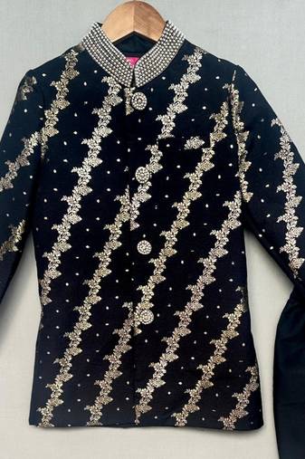 Royal black brocade sherwani with straight pants for boys