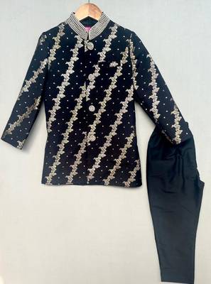 Royal black brocade sherwani with straight pants for boys 1