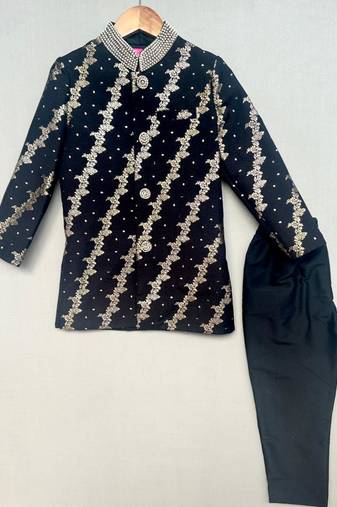 Royal black brocade sherwani with straight pants for boys