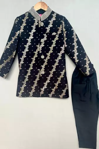 Royal black brocade sherwani with straight pants for boys