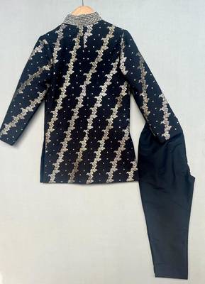 Royal black brocade sherwani with straight pants for boys 3