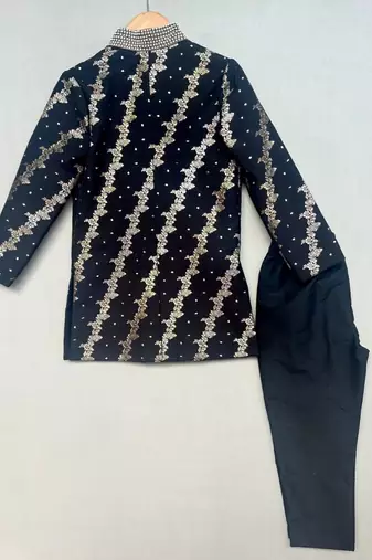 Royal black brocade sherwani with straight pants for boys