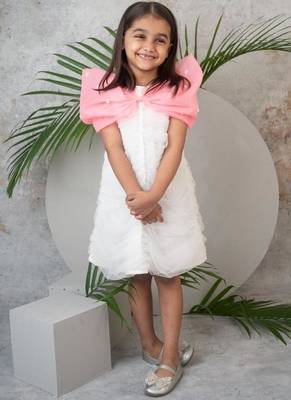 Ruched detailed dress in net with pink organza bow for girls 1