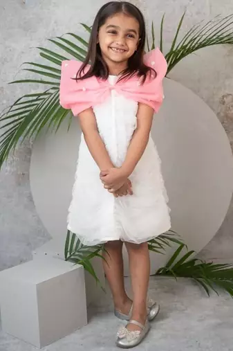 Ruched detailed dress in net with pink organza bow for girls