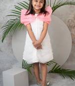 Ruched detailed dress in net with pink organza bow for girls