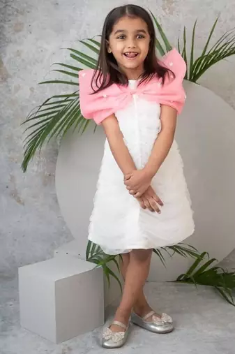 Ruched detailed dress in net with pink organza bow for girls