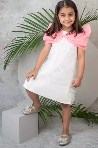 Ruched detailed dress in net with pink organza bow for girls