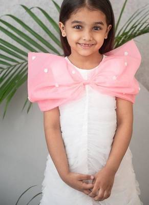 Ruched detailed dress in net with pink organza bow for girls 4