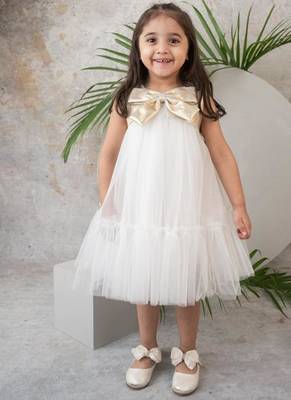 Soft layered net dress with gold bow for girls 1