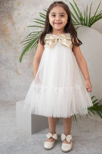 Soft layered net dress with gold bow for girls
