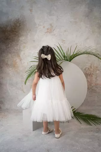 Soft layered net dress with gold bow for girls
