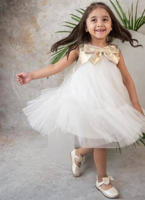 Soft layered net dress with gold bow for girls 3