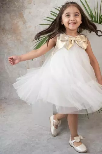 Soft layered net dress with gold bow for girls