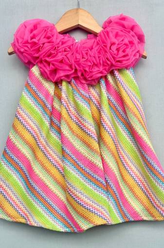 Vibrant multicolour dress with handmade soft organza flowers for girls