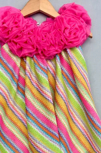 Vibrant multicolour dress with handmade soft organza flowers for girls