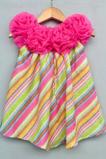 Vibrant multicolour dress with handmade soft organza flowers for girls