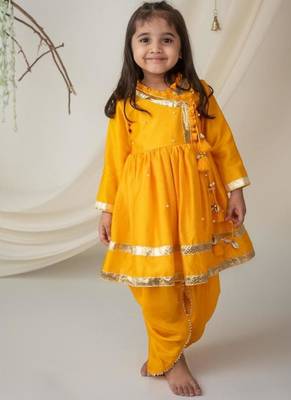 Yellow angrakha style kurti with matching dhoti for girls 1