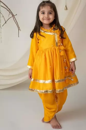 Yellow angrakha style kurti with matching dhoti for girls