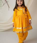 Yellow angrakha style kurti with matching dhoti for girls