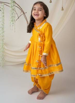 Yellow angrakha style kurti with matching dhoti for girls 2