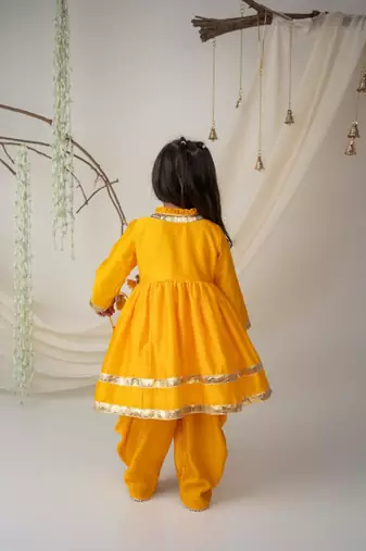 Yellow angrakha style kurti with matching dhoti for girls