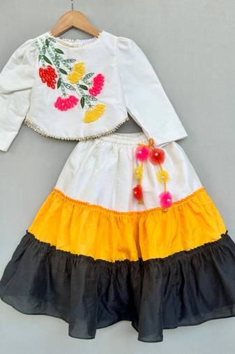 Floral hand embroidered top with tiered lehenged for girls