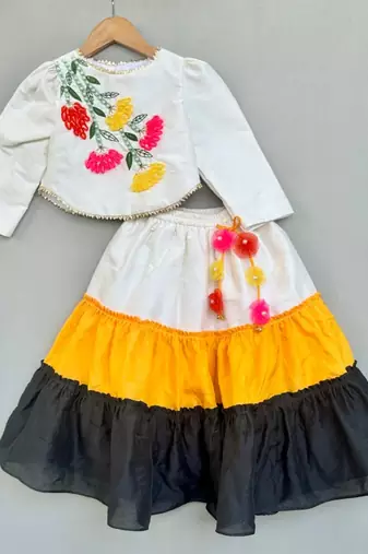 Floral hand embroidered top with tiered lehenged for girls