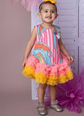 Pink abstract print tutu dress with soft net for girls 1