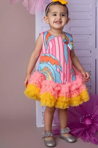 Pink abstract print tutu dress with soft net for girls