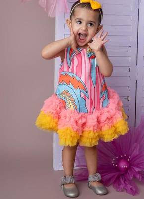 Pink abstract print tutu dress with soft net for girls 2