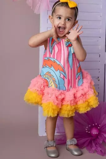 Pink abstract print tutu dress with soft net for girls