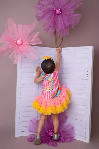 Pink abstract print tutu dress with soft net for girls