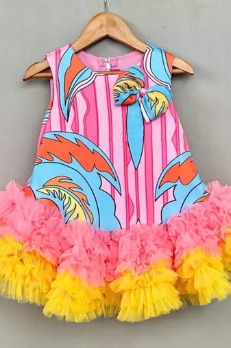 Pink abstract print tutu dress with soft net for girls
