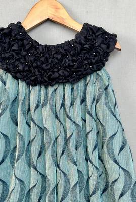 Teal elegance pleated dress with embellished black ruched neckline for girls 2