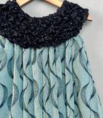 Teal elegance pleated dress with embellished black ruched neckline for girls