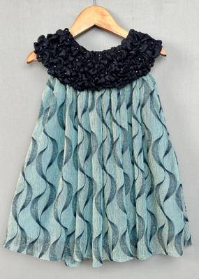 Teal elegance pleated dress with embellished black ruched neckline for girls 1